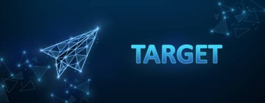 Kelime TARGet ile pankart ve koyu mavi arka planda çokgen kağıt uçak, yaratıcı illüstrasyon