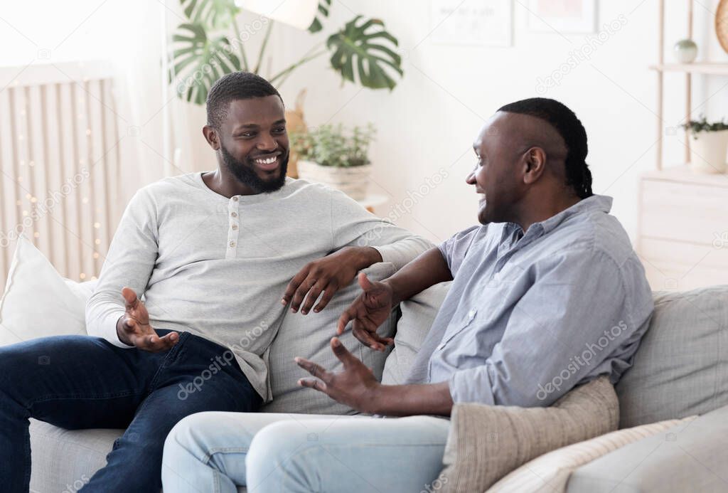 Black Millennial Man Chatting With His Elderly Father At Home