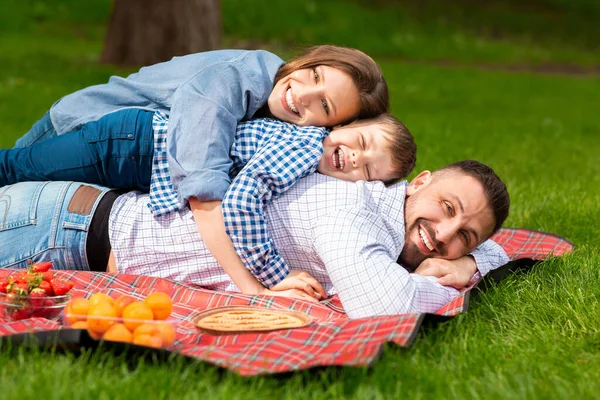 Lycklig pojke med mamma och pappa liggande på picknick filt i parken — Stockfoto