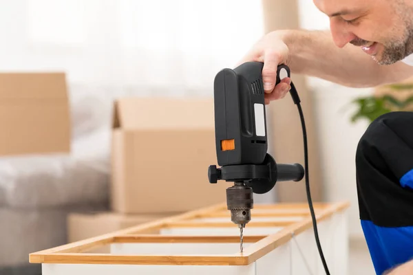 Carpenter Making Furniture Using Electric Drill Assembling Shelf Indoors — Stock Photo, Image