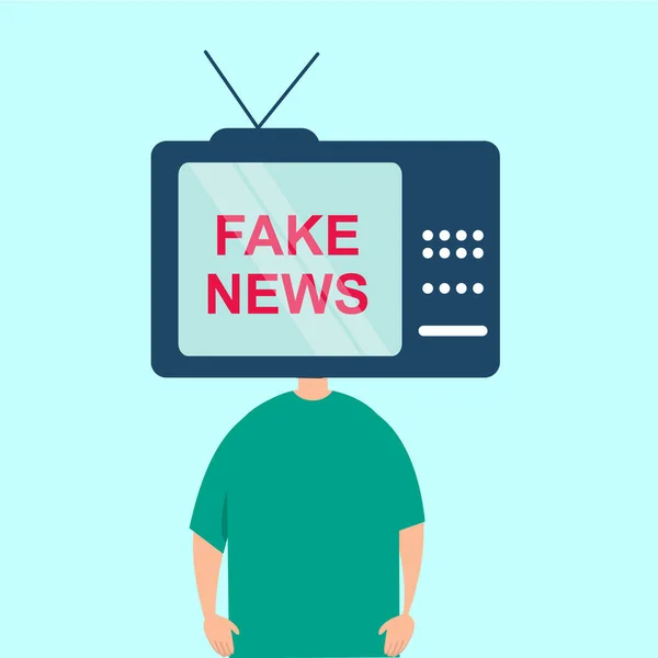 Pessoa com televisão no lugar de sua cabeça mostrando notícias falsas, fundo azul. Ilustração vetorial em estilo plano — Vetor de Stock