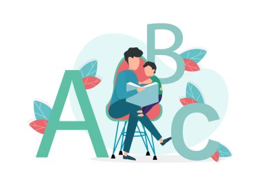 Babasının çocuğuna beyaz arka planda okumayı öğrettiği düz vektör çizimi.