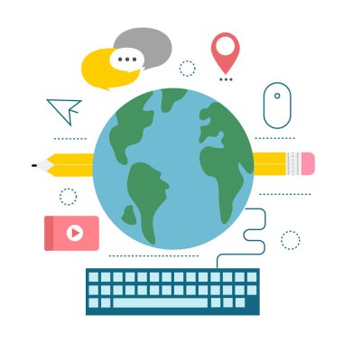 Küresel ağ Gezegen, bilgisayar klavyesi ve internet simgeleri ile düz vektör illüstrasyonu, beyaz arkaplan