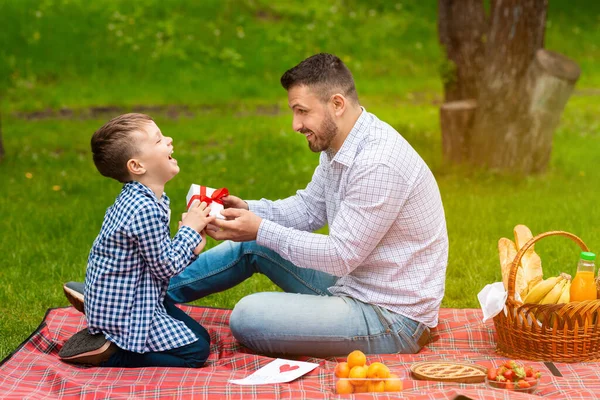 Chico alegre presentando regalo para el día de los padres a su padre joven en el picnic en el bosque — Foto de Stock