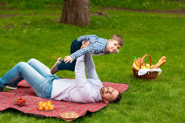Alegre papá jugando con su hijo durante el picnic en el prado verde, espacio para copiar — Foto de Stock