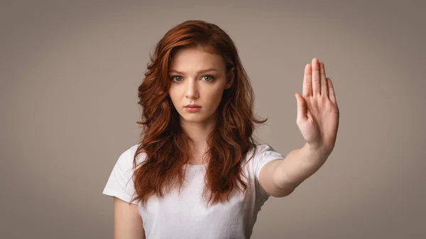 Teen Girl Gesturing Stop Forbidding Something Standing On Gray Background