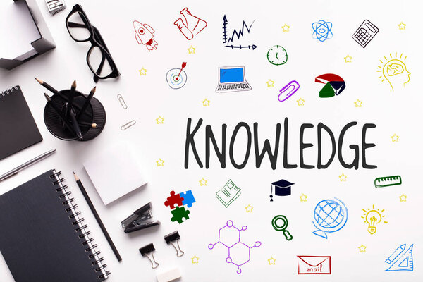 Glasses of nerd, stationery and molecule, globe, brain and other symbols denoting science, drawn on white background