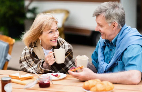 Szeretetteljes idős pár kávézik pirítóssal és lekvárral ebédre vidéken — Stock Fotó