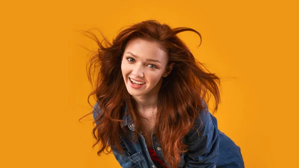Ginger-Haired Girl Posing Playing With Red Hair In Studio, Panorama