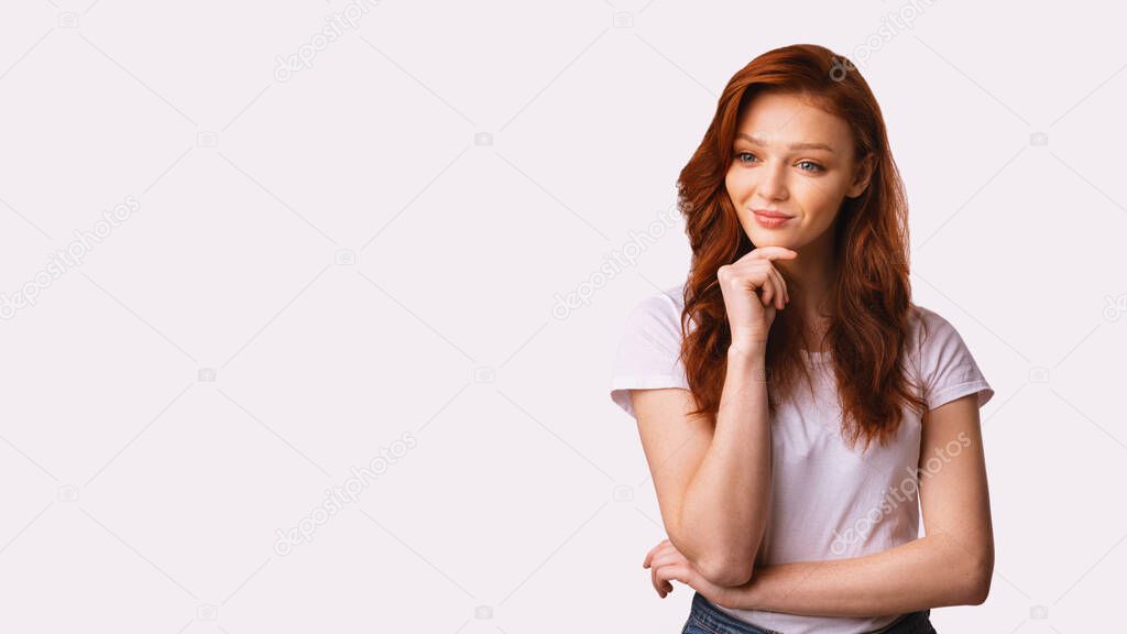 Millennial Girl Thinking Posing Standing Over White Studio Background, Panorama
