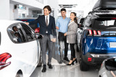 Salesman Offering Couple New Car Standing In Office
