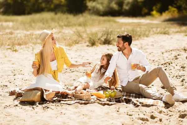 Familia teniendo picnic de verano sentado en manta hablando en el campo — Foto de Stock