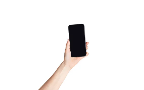 Girl holding modern smartphone with blank space for your design on screen against white background — Stock Photo, Image