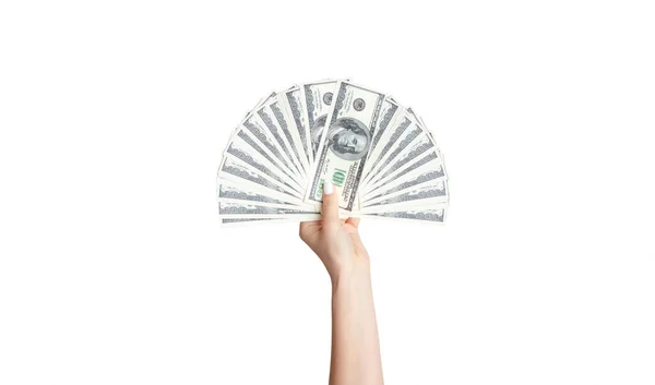 Girl showing fan of money isolated on white background, closeup. Panorama — Stock Photo, Image