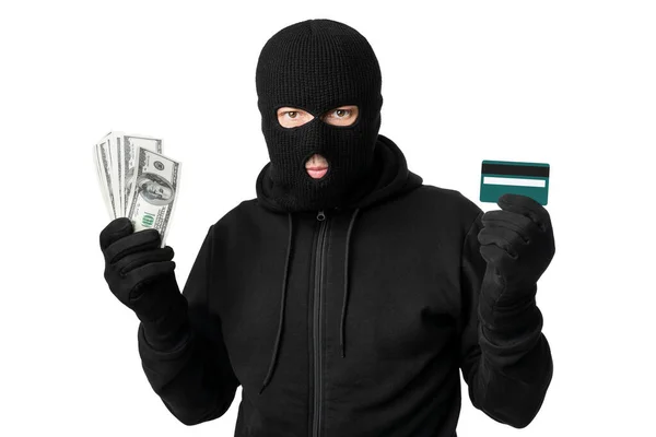 Voleur masqué montrant de l'argent isolé sur un mur blanc — Photo