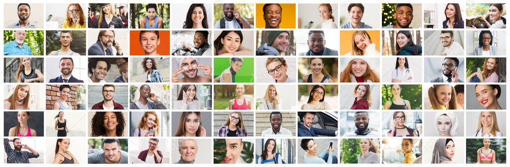 Collage of diverse multiethnic candid people smiling over colorful background