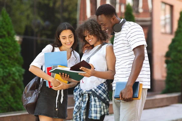 Gülümseyen çok ırklı öğrenciler açık havada durup, üniversite müfredatını birlikte kontrol ediyorlar. — Stok fotoğraf