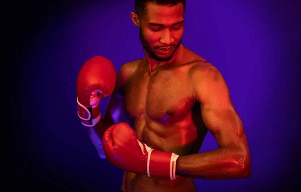 Muscular Boxer In Boxing Gloves Posing On Blue Studio Background — Stock Photo, Image