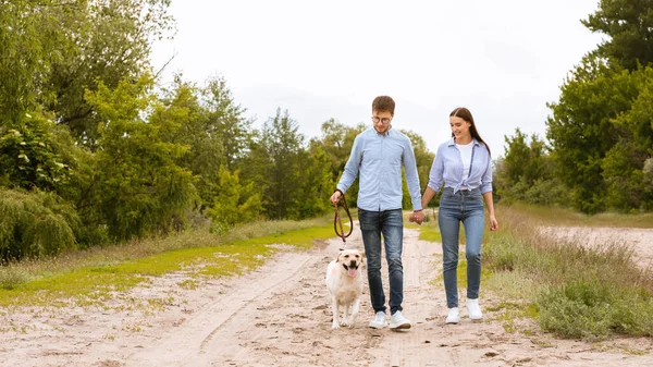 Pareja emocionada y golden retriever caminando por el campo —  Fotos de Stock