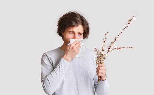 Lijdende man drukt servet aan zijn neus en houdt seizoensgebonden plant met bloemen — Stockfoto