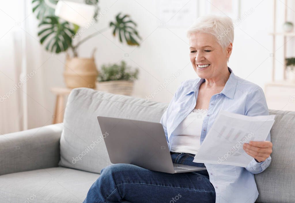 Business for Retirees. Senior Woman Working With Laptop And Documents At Home