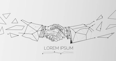 Gri arkaplan üzerinde el sıkışan iki işadamının geometrik çizimi