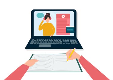 Bilgisayarda internetten video dersine çalışan biri, not defterine notlar yazıyor. Düz biçimli vektör illüstrasyonu