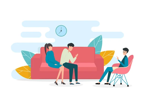 Couple having relationship problems, visiting family psychologist on white background, vector illustration in flat style — Stock Vector