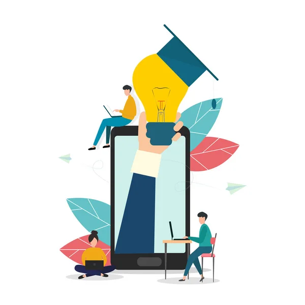 Mano mostrando lampadina con cappuccio universitario da smartphone e persone con gadget. Illustrazione vettoriale in stile piatto — Vettoriale Stock