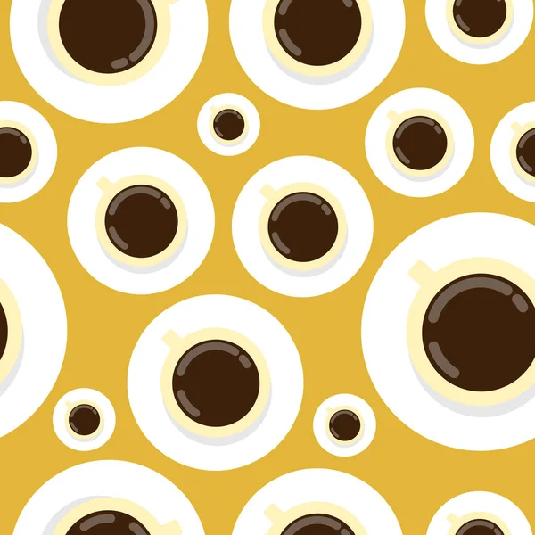 Xícaras de café ou chá no fundo amarelo, padrão sem costura vetorial. Textura de bebidas orgânicas frescas. Papel de parede design —  Vetores de Stock