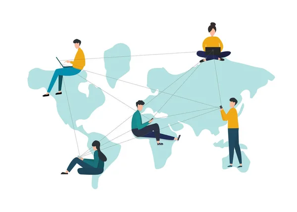 Les gens sur la carte du monde en utilisant des gadgets pour communiquer en ligne, fond blanc. Illustration vectorielle en style plat — Image vectorielle