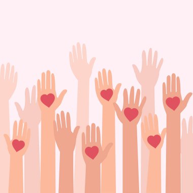Gönüllü olarak. Avuç içlerindeki kalpler pembe arka planda ellerini kaldırıyor, vektör illüstrasyonları düz.