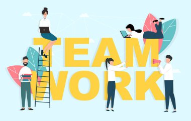 Birlikte çalışmak. Kelime Takım Çalışması ve mavi arka planda çalışan bir grup ofis çalışanı, düz stil vektör illüstrasyonu