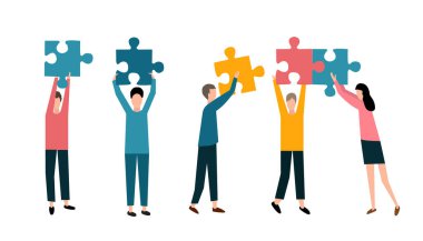 Etkili takım çalışması. İnsanlar yapboz parçalarını beyaz arkaplan üzerine, vektör illüstrasyonunu düz şekilde birleştiriyor