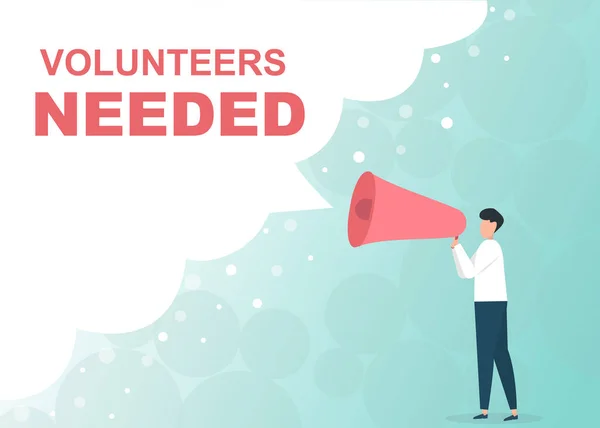 Guy with megaphone shouting VOLUNTEERS NEEDED on blue background, vector illustration in flat style — ストックベクタ