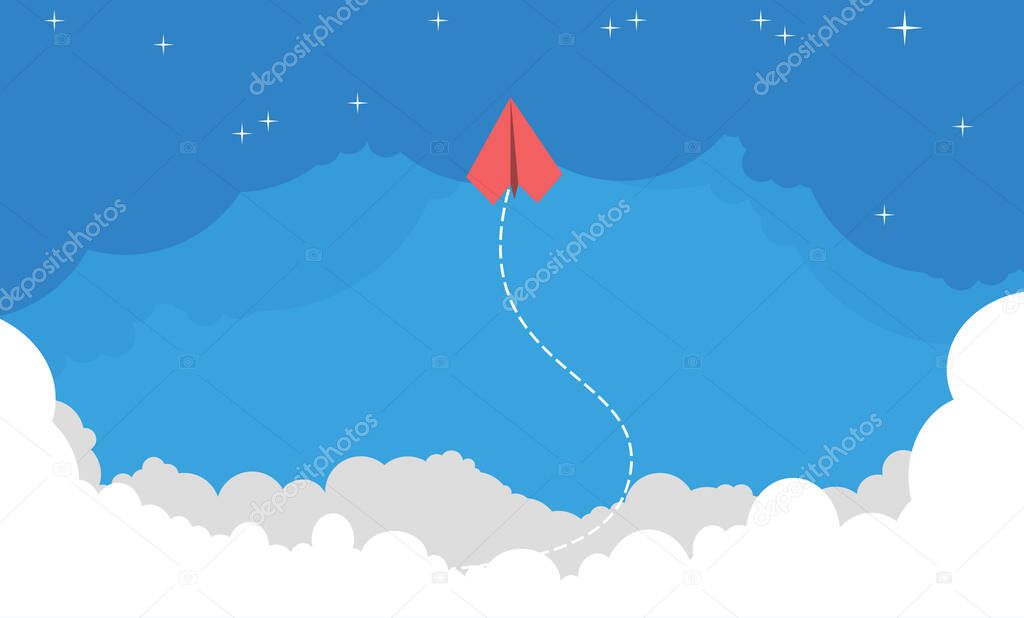 Red airplane gets ahead in the sky. New idea, change, trend