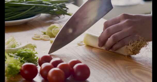 Női kéz szeletelés friss póréhagyma növényi ebédre — Stock videók