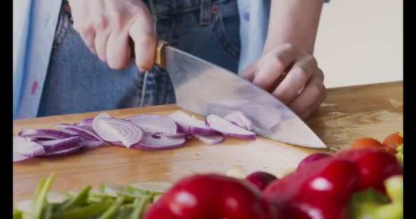 Vrouwelijke handen snijden rode ui in de keuken — Stockvideo