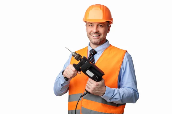 RepaManer Worker Holding Electric Drill Posing Over White Studio Background — 스톡 사진