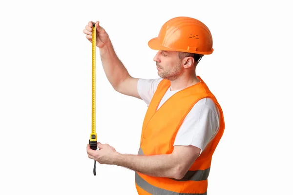 빌딩 엔지니어 Worker Holding Tape-Measure Standing Over White Background, Studio — 스톡 사진