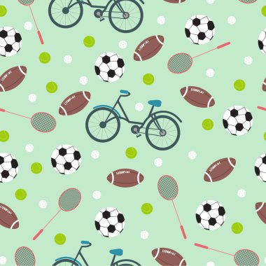 Turkuaz arka planda farklı spor envanterleri, düz şekilde vektörsüz şablon. Tekstil veya duvar kağıdı tasarımı