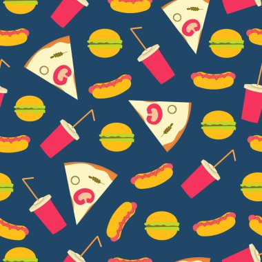 Fast food ve soda içecekler mavi arka planda, düz stil vektör şablonu. Moda kumaş veya duvar kağıdı tasarımı