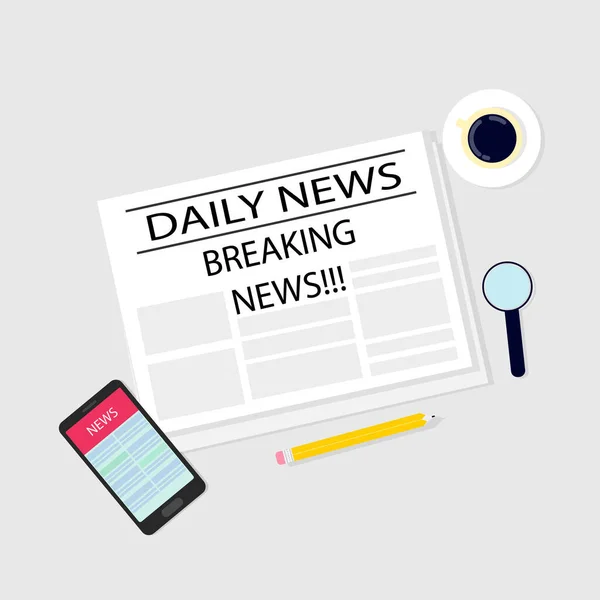 Notizie quotidiane, ultime notizie su giornale, cellulare e caffè — Vettoriale Stock