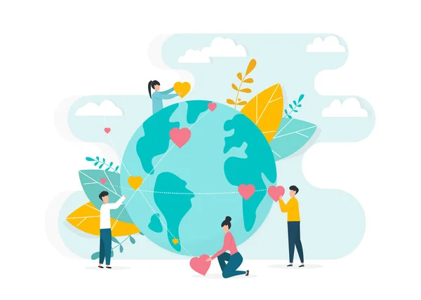 Worldwide charity work. People surrounding planet Earth with love and care, vector illustration in flat style — Stock Vector