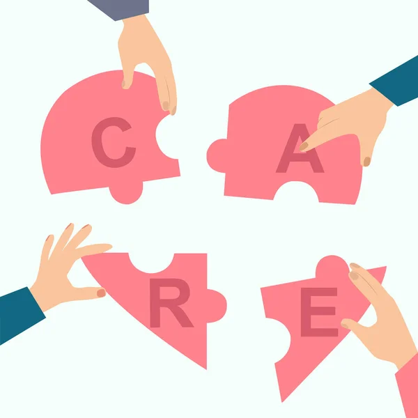 Grupo de voluntários colocando juntos quebra-cabeça em forma de coração com palavra CUIDADOS, ilustração vetorial em estilo plano — Vetor de Stock