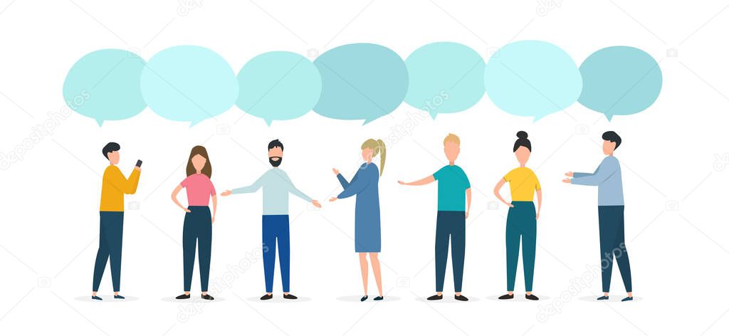 People with speech bubbles debating problem on white background, space for text. Vector illustration in flat style