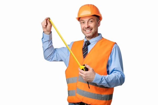 Builder Workman Posing With Tape-Measure Smiling To Camera, White Background — Stock Photo, Image