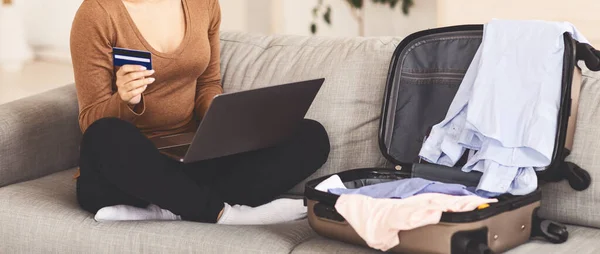 stock image Girl Using Laptop And Credit Card At Home, Cropped, Panorama