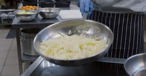 부엌에서 양파를 튀기고, 음식을 섞기 위한 프라이팬을 흔들고 있는 셰프 — 비디오
