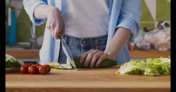 Sebze salatası için taze salatalık kesen kadın. — Stok video